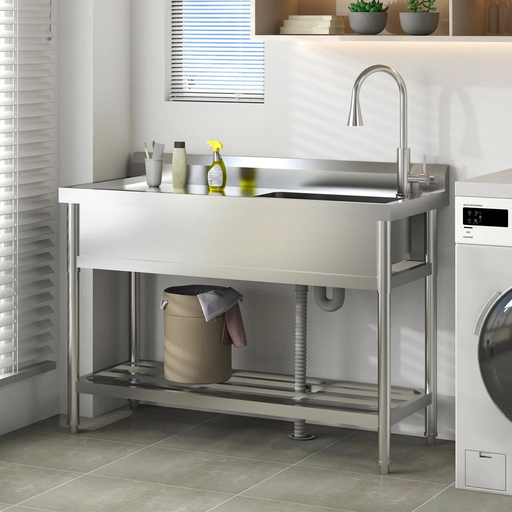 2026 Nuevo fregadero utilitario de acero inoxidable 47”ancho x 20”fondo x 37”alto independiente de un seno con grifo de agua fría y caliente para cocina lavandería restaurante garaje o jardín