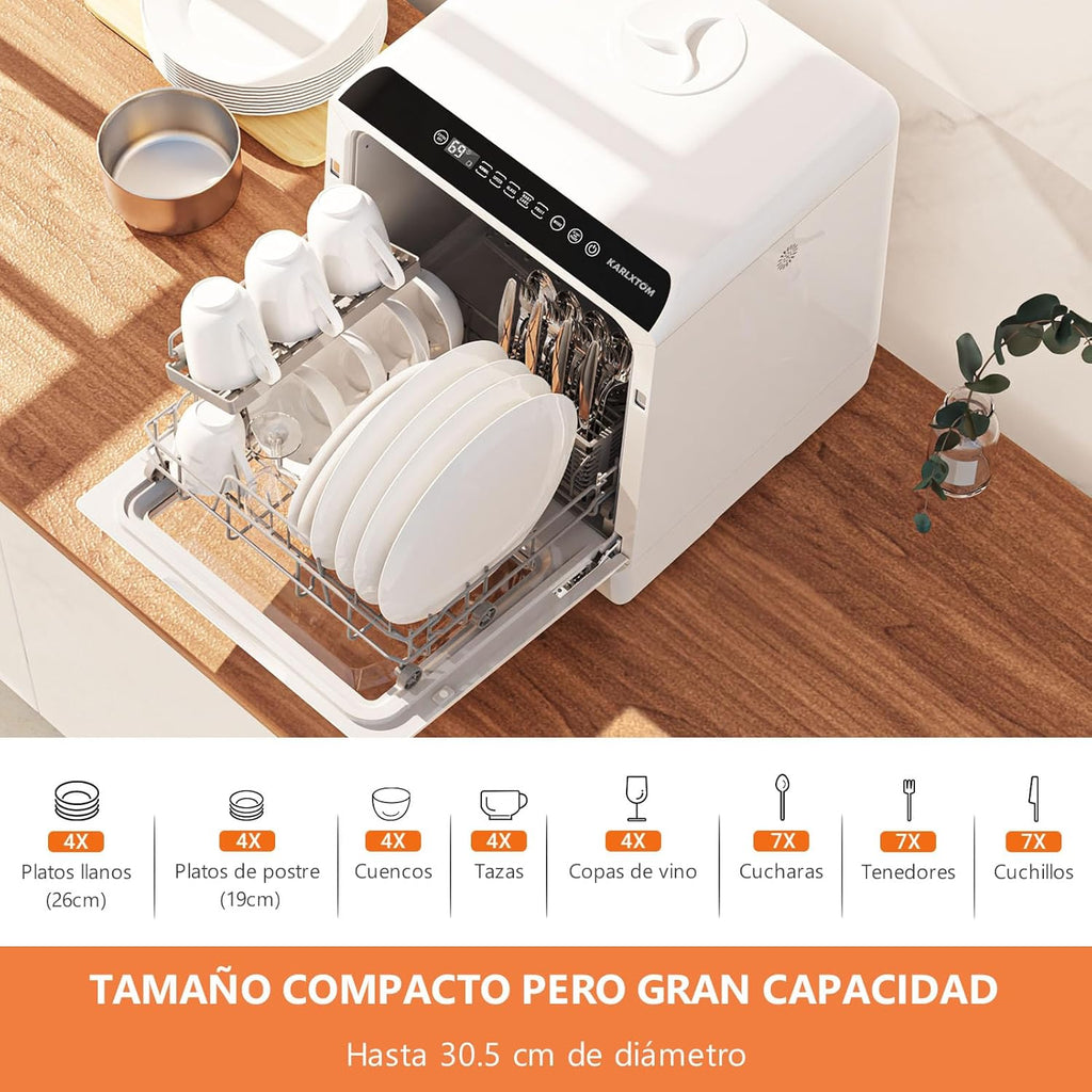 2026 Lavavajillas de encimera, Mini Lavavajillas Portatil, Pantalla LED, 6 Programas, Dos modos de suministro de agua, Cuidado de Bebés y lavado de Fruta, 45 CM