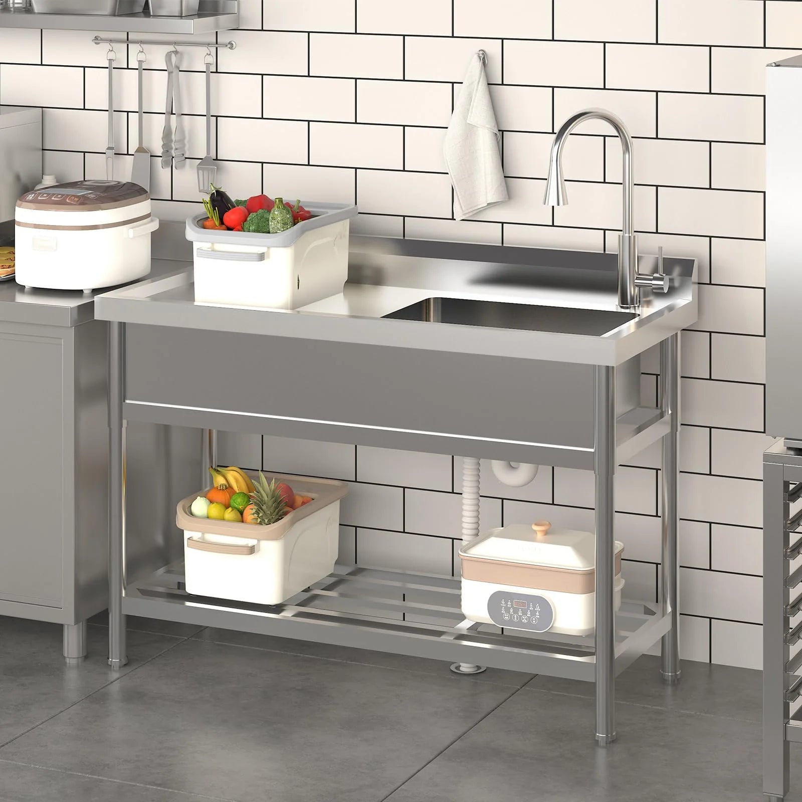 2026 Nuevo fregadero utilitario de acero inoxidable 47”ancho x 20”fondo x 37”alto independiente de un seno con grifo de agua fría y caliente para cocina lavandería restaurante garaje o jardín