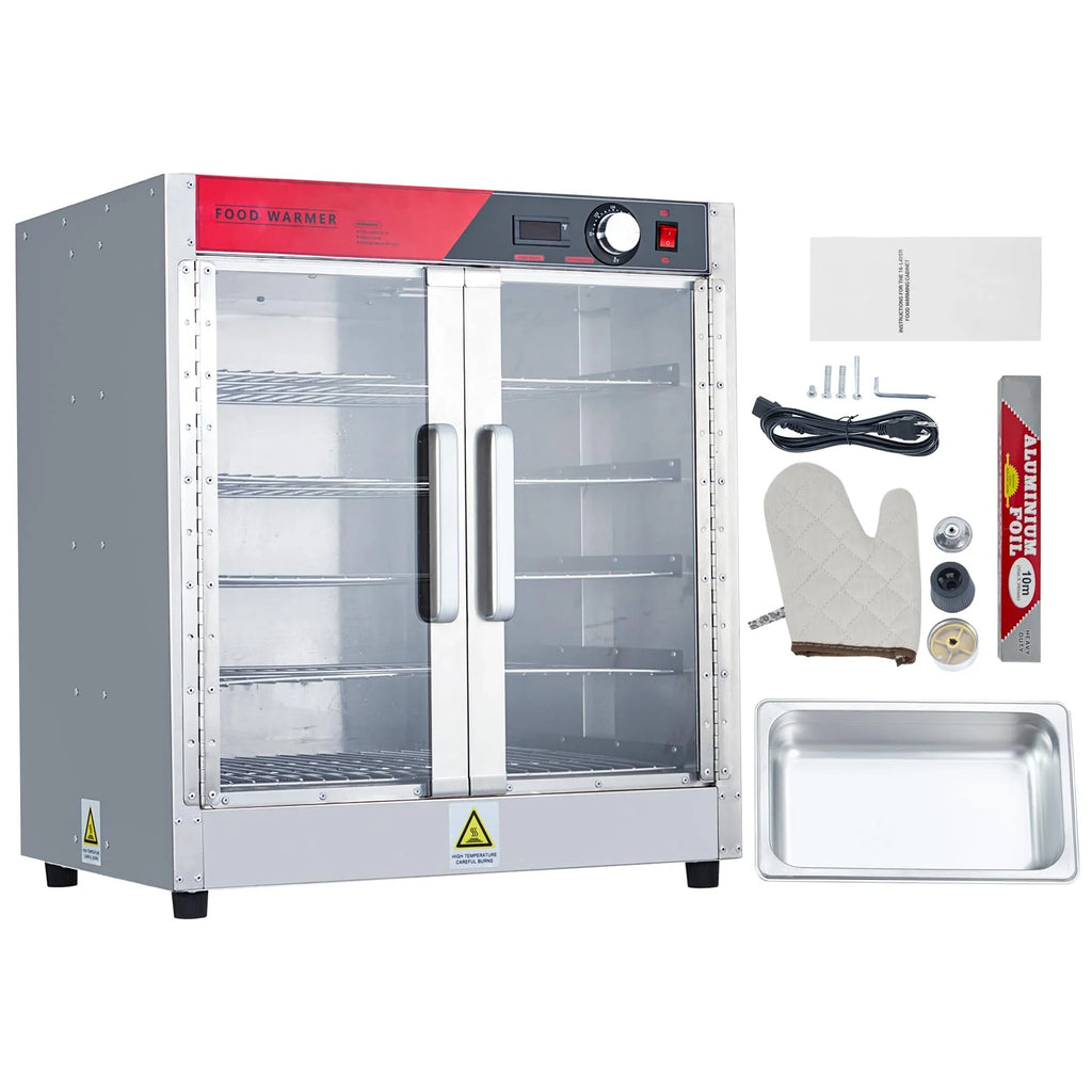 2026 Nuevo gabinete calentador de alimentos tipo hot box multifuncional de acero inoxidable con aislamiento térmico potencia 850W bandeja de agua puertas dobles transparentes diseño de 5 niveles