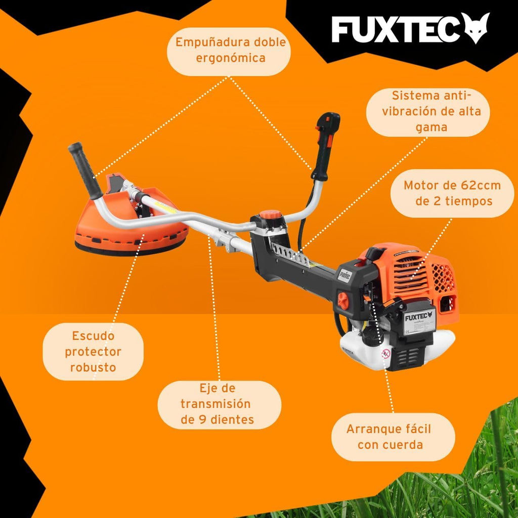 2026 FUXTEC Desbrozadora profesional de gasolina de 62 cc, 3,5 CV, Multiherramienta 2en1, con correa para el hombro, sistema antivibratorio recortadora multifunción Motor 2 tiempos