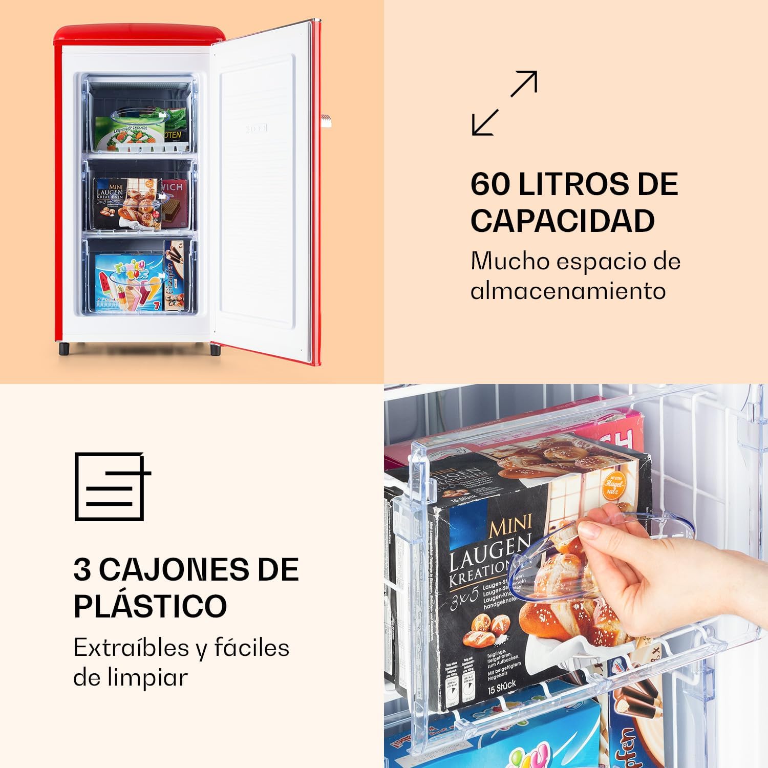 2026 Klarstein Laika - Congelador, Termostato con 5 niveles, Temperaturas de 0 a -18 °C, 3 cajones extraíbles, CEE E, Capacidad de 60 L, Rojo