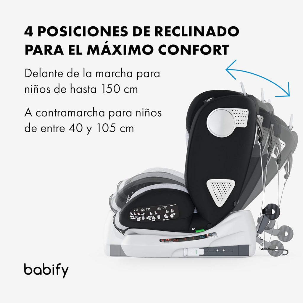 2026 Babify Onboard Silla de Coche Isofix para Bebés y Niños, 0 Meses - 12 Años, Apta Desde 40-150 cm, Ajustable 360º, Asiento Portátil y Seguro i-Size ECE R129 - Black edition