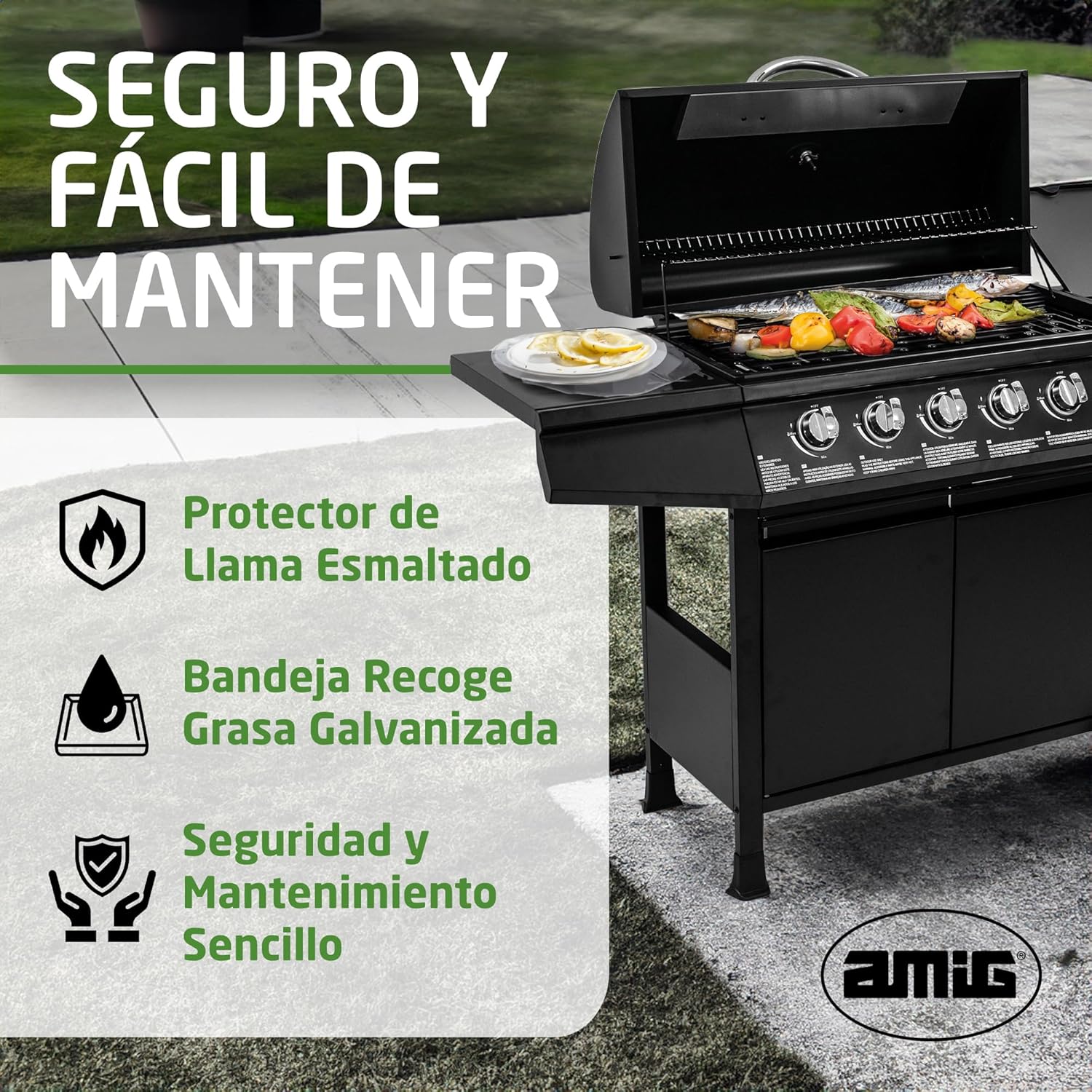 2026 Barbacoa de gas Fireplus 6+1 de 12,9 kW - Acero inoxidable Negro - Parrilla con ruedas Modelo GRILL-6F - Barbacoa XXL con carro y termómetro - 138x52x103 cm - 7 quemadores y Bandeja lateral