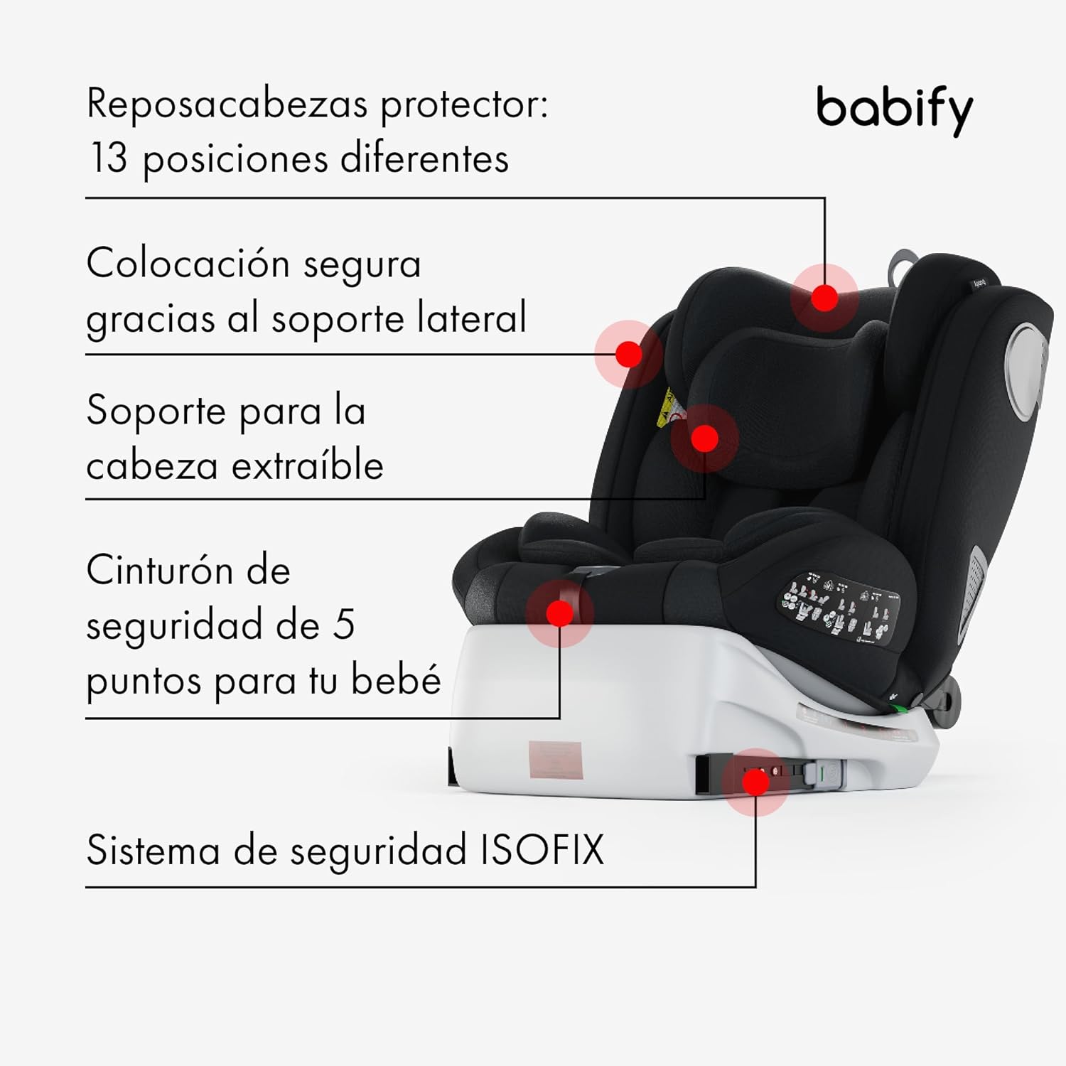 2026 Babify Onboard Silla de Coche Isofix para Bebés y Niños, 0 Meses - 12 Años, Apta Desde 40-150 cm, Ajustable 360º, Asiento Portátil y Seguro i-Size ECE R129 - Black edition