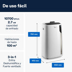 2026 Pingüino PACEL98 ECO Silent Aire Acondicionado Portátil Silencioso con Tecnología Eco Real Feel, Interfaz Digital, Función Deshumidificadora, 2.7 kW, 64 dB, Plástico, Blanco, Clasa A, 100m3