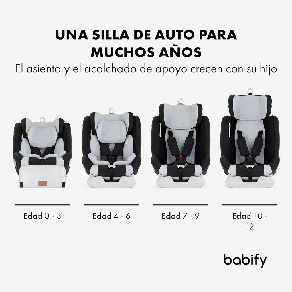 2026 Babify Onboard Silla de Coche Isofix para Bebés y Niños, 0 Meses - 12 Años, Apta Desde 40-150 cm, Ajustable 360º, Asiento Portátil y Seguro i-Size ECE R129 - Black edition