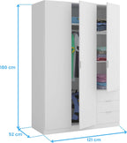 2026 Habitdesign Three Door and Three Drawer Wardrobe Closet, Artic White Finish, Measurements: 121 cm (W) x 180 cm (H) x 52 cm (D)