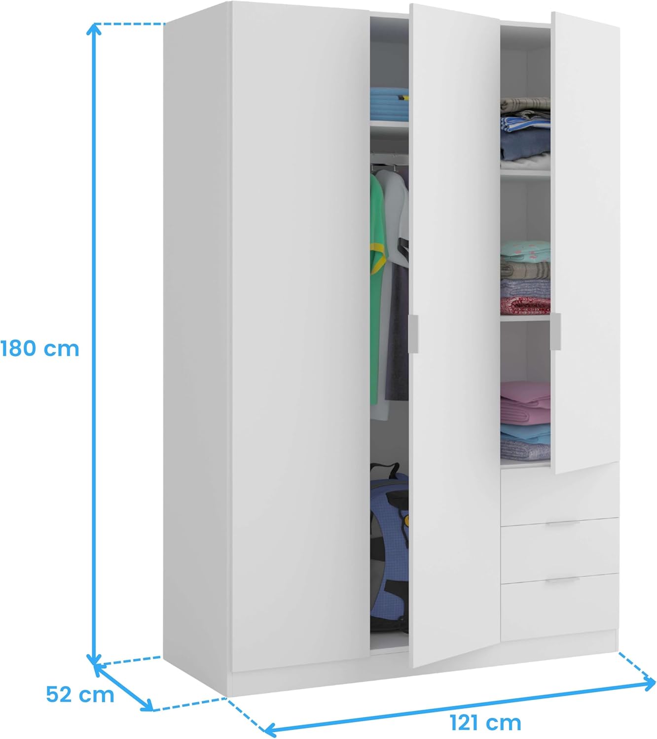 2026 Habitdesign Three Door and Three Drawer Wardrobe Closet, Artic White Finish, Measurements: 121 cm (W) x 180 cm (H) x 52 cm (D)