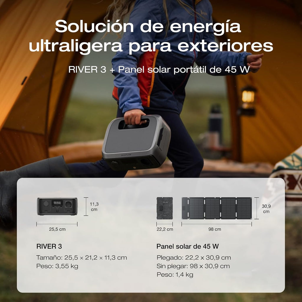 2026 Estación de energía portátil EF EcoFlow RIVER 3 con panel solar 45 W, batería LFP 245 Wh, salida 600 W, eficiencia con GaN que duplica la duración, SAI en