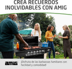 2026 Barbacoa de gas Fireplus 6+1 de 12,9 kW - Acero inoxidable Negro - Parrilla con ruedas Modelo GRILL-6F - Barbacoa XXL con carro y termómetro - 138x52x103 cm - 7 quemadores y Bandeja lateral