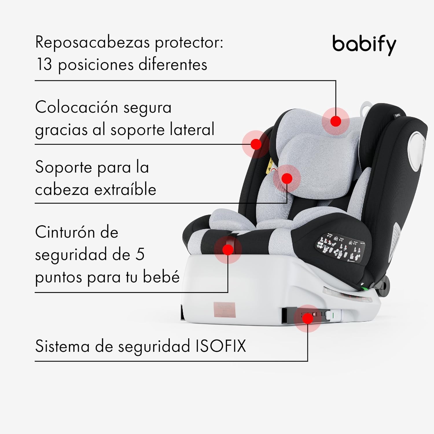 2026 Babify Onboard Silla de Coche Isofix para Bebés y Niños, 0 Meses - 12 Años, Apta Desde 40-150 cm, Ajustable 360º, Asiento Portátil y Seguro i-Size ECE R129 - Black edition