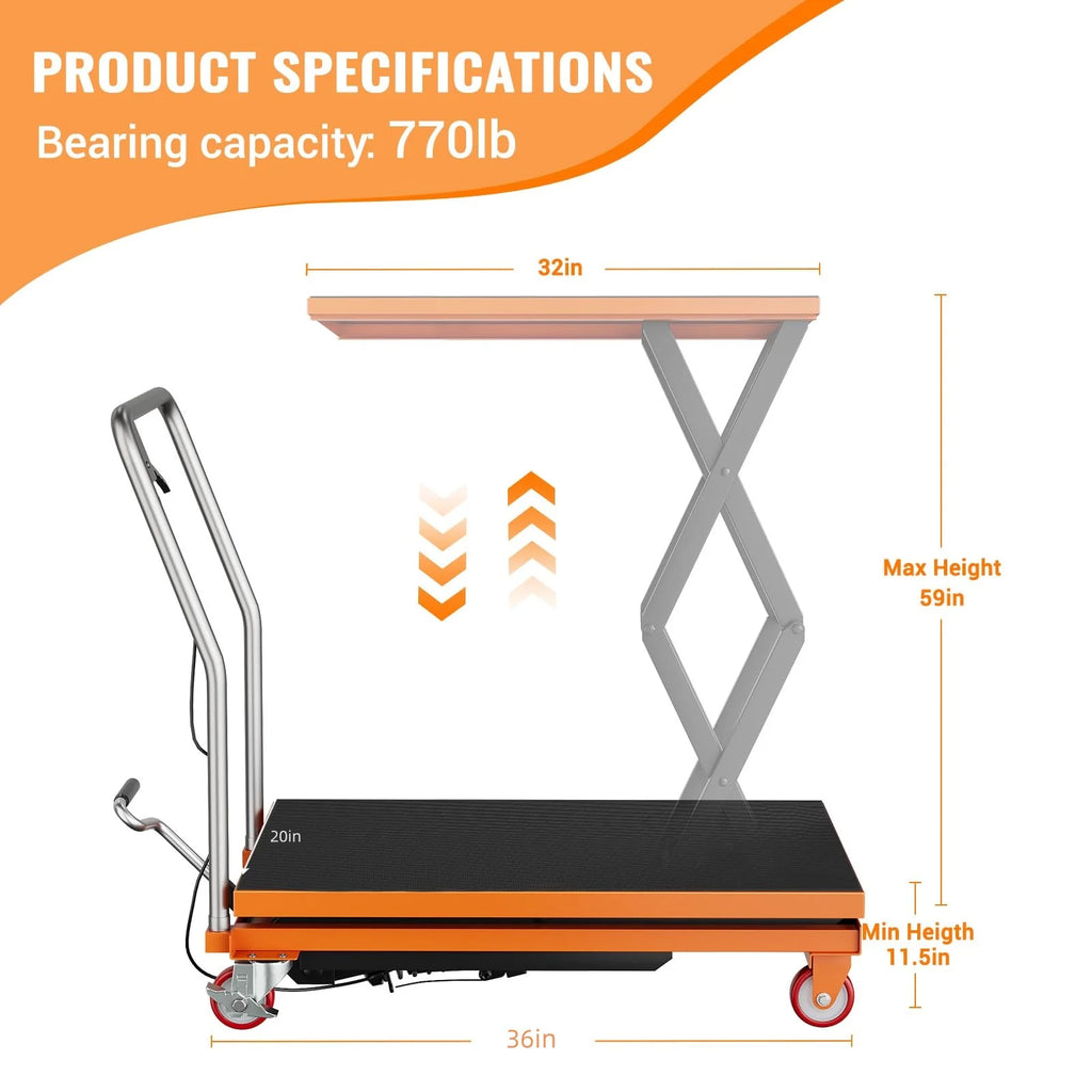 2026 Nuevo carrito de mesa elevador hidráulico de doble tijera capacidad 770 lb altura de elevación 14–59 pulgadas con superficie antideslizante para manejo de materiales color naranja