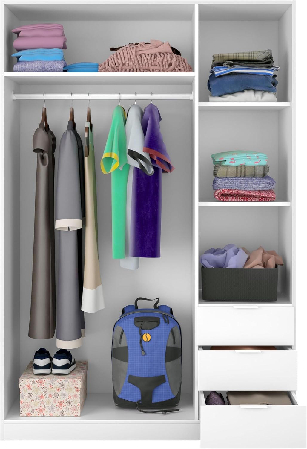 2026 Habitdesign Three Door and Three Drawer Wardrobe Closet, Artic White Finish, Measurements: 121 cm (W) x 180 cm (H) x 52 cm (D)