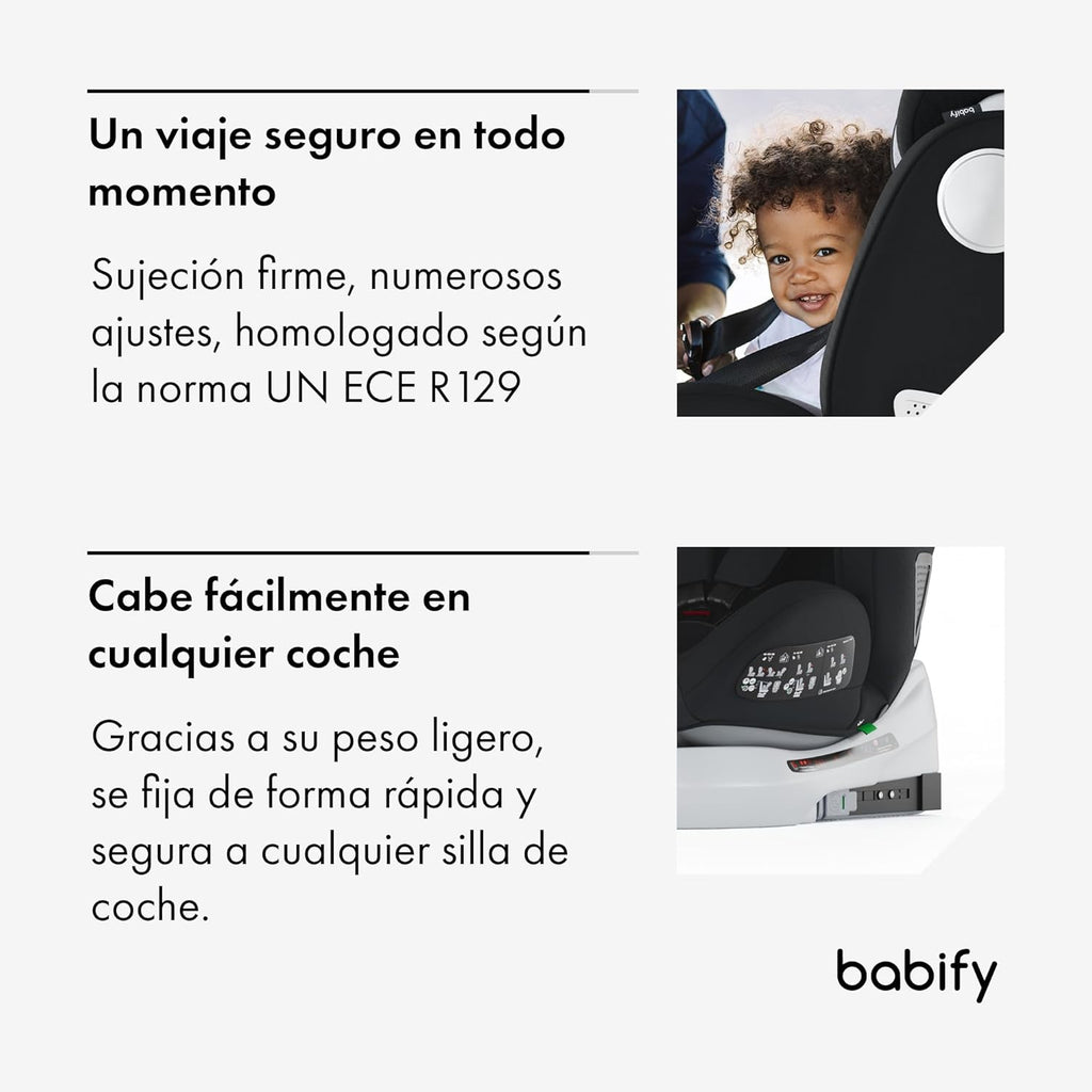 2026 Babify Onboard Silla de Coche Isofix para Bebés y Niños, 0 Meses - 12 Años, Apta Desde 40-150 cm, Ajustable 360º, Asiento Portátil y Seguro i-Size ECE R129 - Black edition