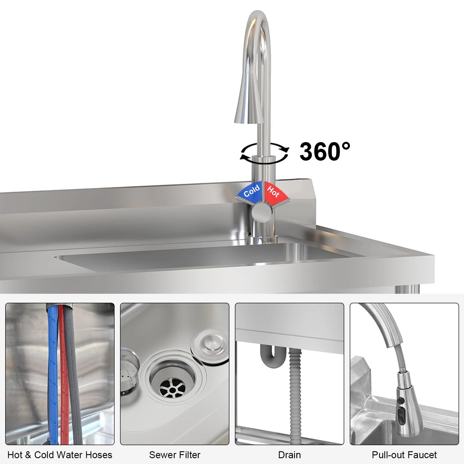 2026 Nuevo fregadero utilitario de acero inoxidable 47”ancho x 20”fondo x 37”alto independiente de un seno con grifo de agua fría y caliente para cocina lavandería restaurante garaje o jardín