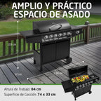 2026 Barbacoa de gas Fireplus 6+1 de 12,9 kW - Acero inoxidable Negro - Parrilla con ruedas Modelo GRILL-6F - Barbacoa XXL con carro y termómetro - 138x52x103 cm - 7 quemadores y Bandeja lateral