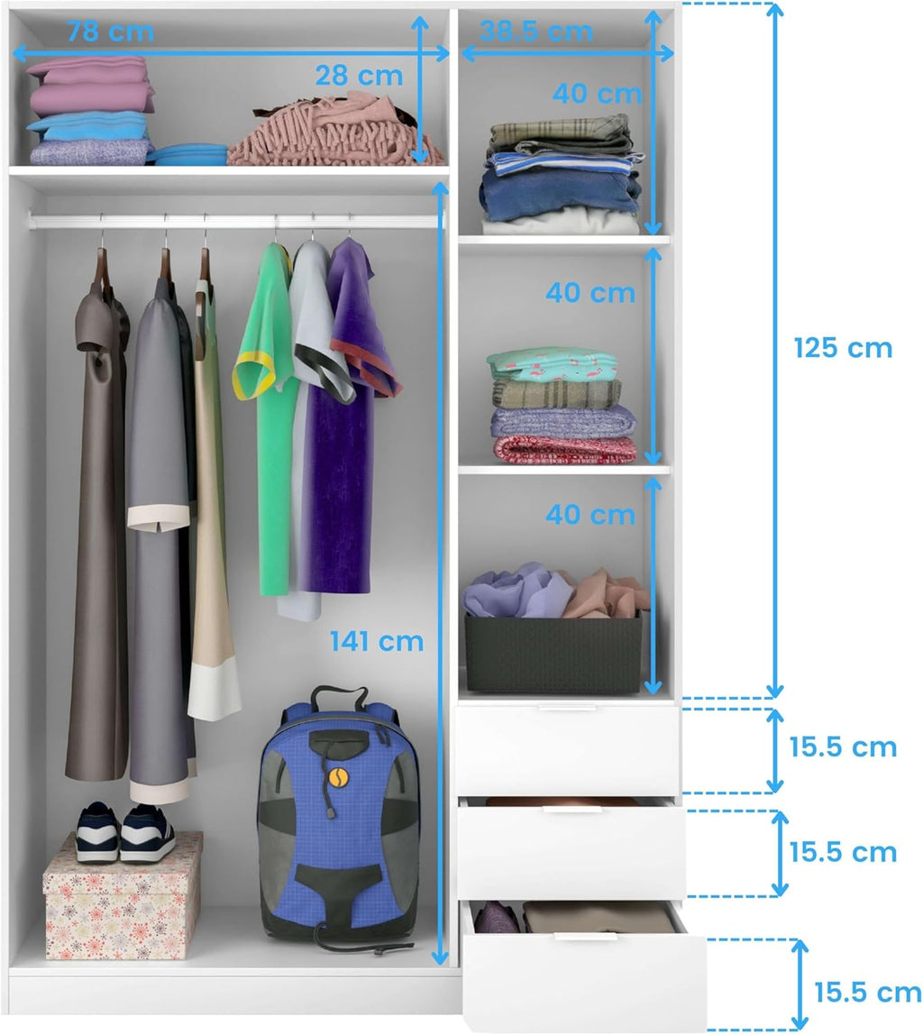 2026 Habitdesign Three Door and Three Drawer Wardrobe Closet, Artic White Finish, Measurements: 121 cm (W) x 180 cm (H) x 52 cm (D)