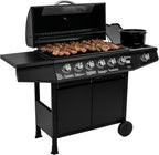 2026 Barbacoa de gas Fireplus 6+1 de 12,9 kW - Acero inoxidable Negro - Parrilla con ruedas Modelo GRILL-6F - Barbacoa XXL con carro y termómetro - 138x52x103 cm - 7 quemadores y Bandeja lateral
