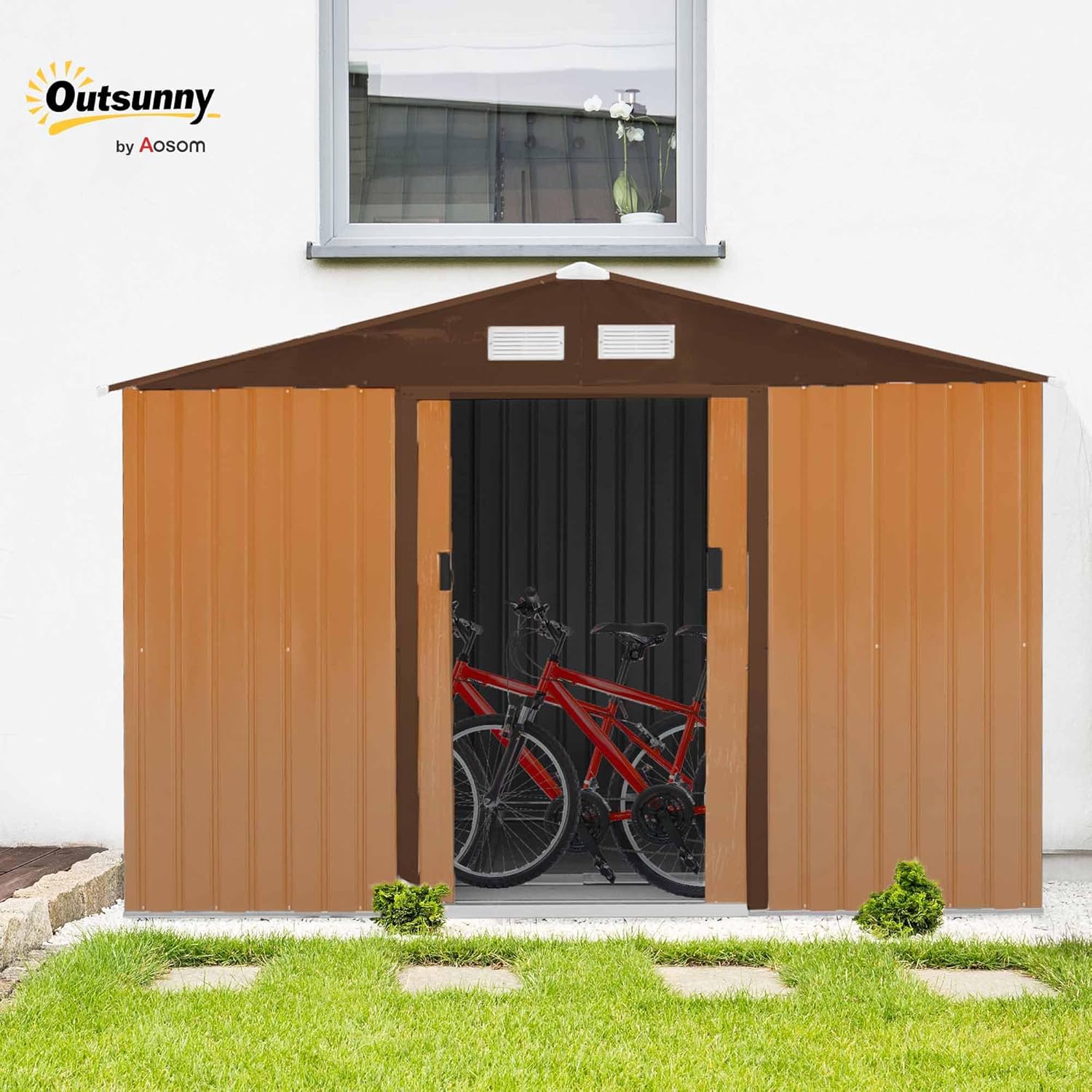2026 Outsunny Caseta de Jardín Exterior 4,9 m² 277x195x192 cm Cobertizo de Jardín Exterior con Puerta Corredera Techo Inclinado Base Refuerzo (Suelo NO Incluido) y 4 Ventanas Amarillo