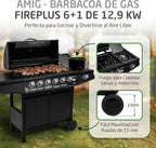 2026 Barbacoa de gas Fireplus 6+1 de 12,9 kW - Acero inoxidable Negro - Parrilla con ruedas Modelo GRILL-6F - Barbacoa XXL con carro y termómetro - 138x52x103 cm - 7 quemadores y Bandeja lateral