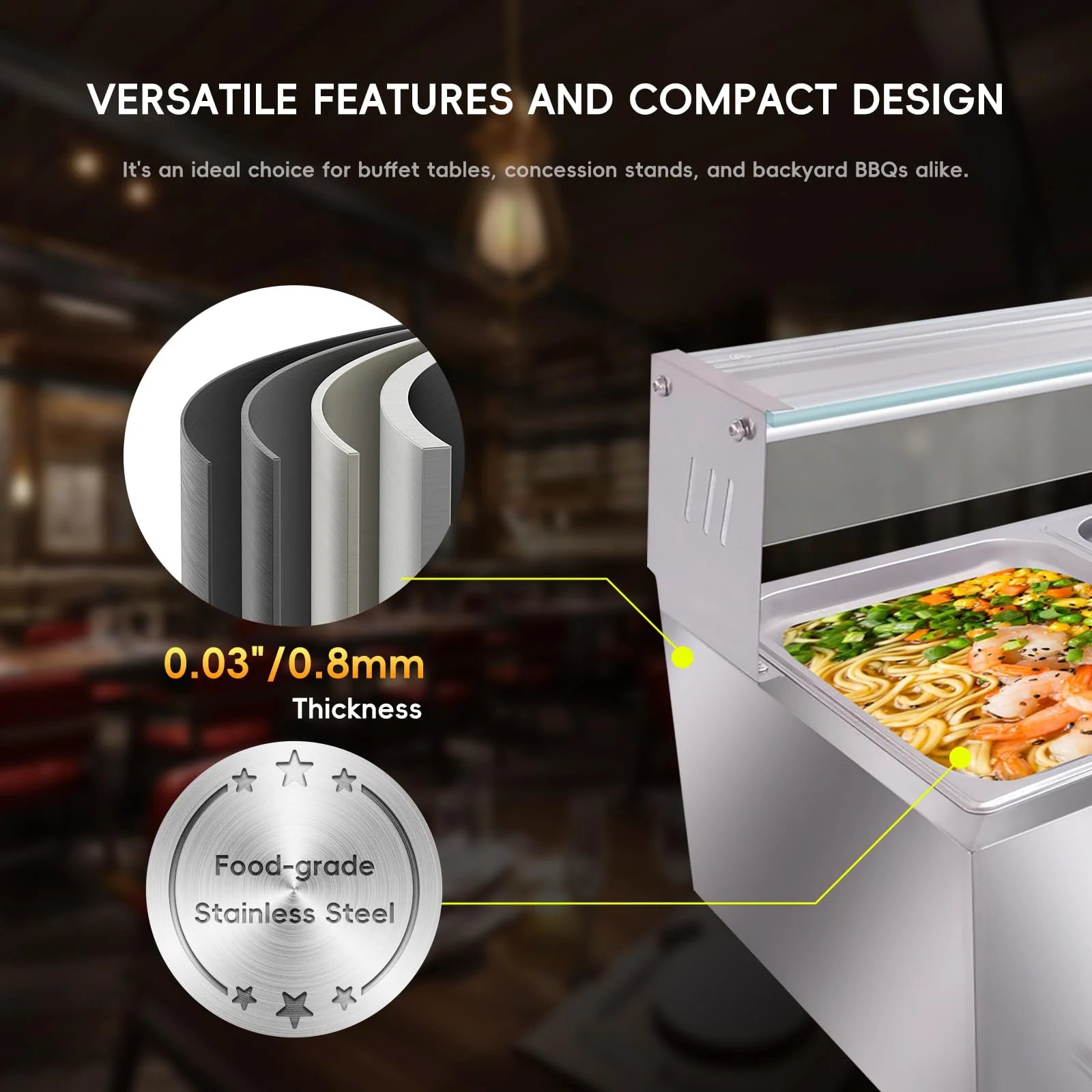 2026 Nuevo calentador de alimentos comercial de 6 bandejas 6×12QT mesa de vapor eléctrica con cubierta de vidrio templado equipo tipo baño maría de acero inoxidable para encimera control de temperatura 86 a 185 grados para catering y restaurantes