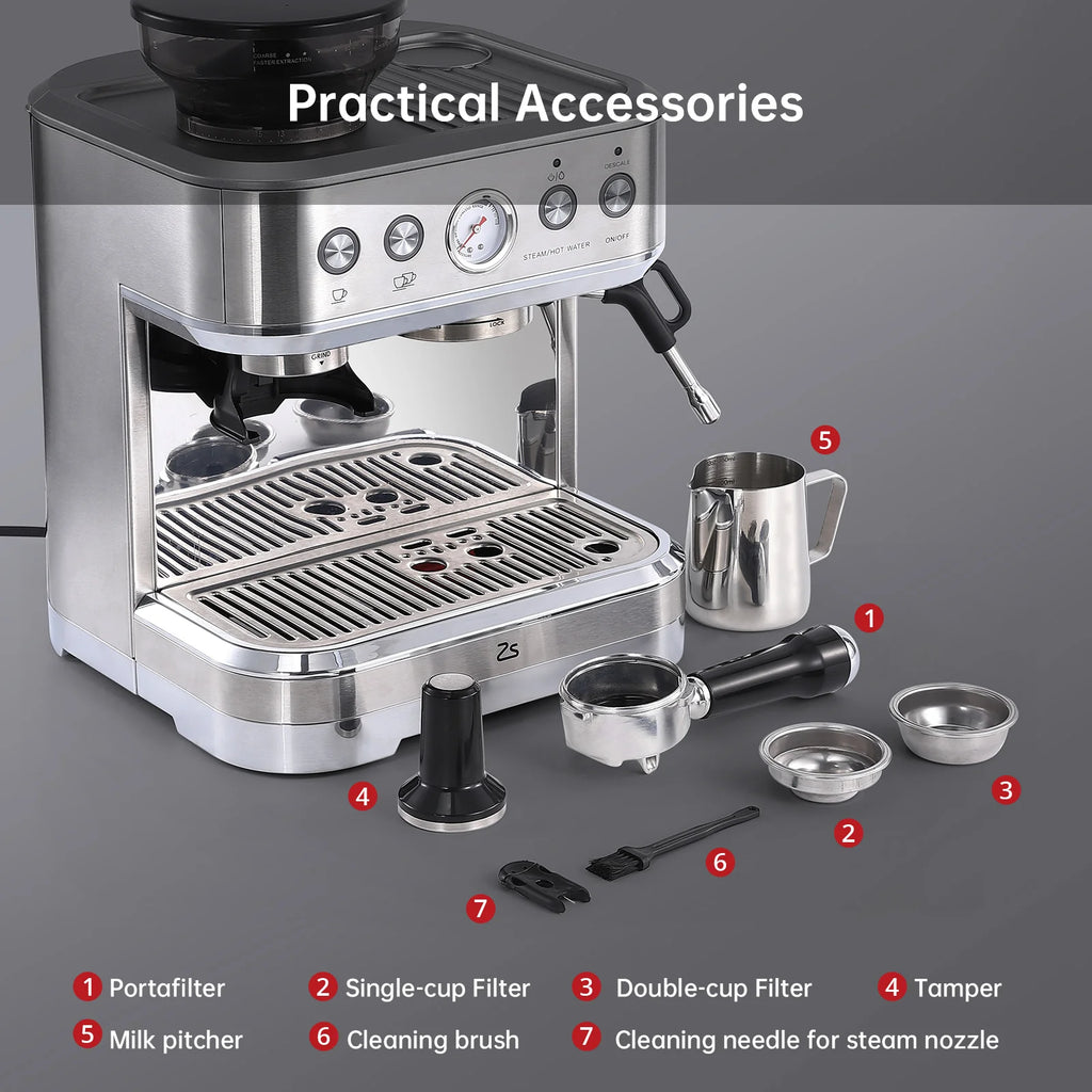 2026 Nuevo máquina de espresso todo en uno con espumador de leche cafetera cappuccino y latte para barista en casa con molinillo integrado depósito de agua desmontable 85oz regalo para padres o amantes del café