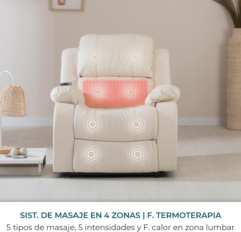 2026 Don Descanso - Sillón Masaje Relax Calor Trevi Negro Reclinable 160º con 8 Motores Silenciosos, Calor Lumbar, Sist. Masaje 4 Zonas y Acabado en PU Anti-Cuarteo [Incluye Mando]. Ideal Gente Mayor