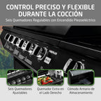 2026 Barbacoa de gas Fireplus 6+1 de 12,9 kW - Acero inoxidable Negro - Parrilla con ruedas Modelo GRILL-6F - Barbacoa XXL con carro y termómetro - 138x52x103 cm - 7 quemadores y Bandeja lateral