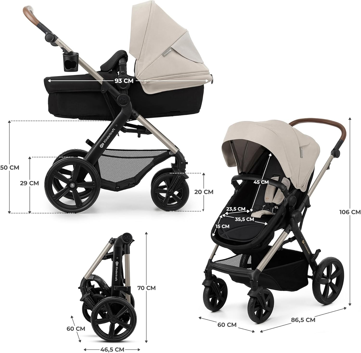 2026 Kinderkraft MOOV2 Silla de Coche 3 en 1, EVA, Mink PRO I-Size, Sistema de Viaje, Cochecito para Bebé, Silla de Paseo, Plegable, para Recién Nacido, Desde el Nacimiento hasta los 3 Años, Gris