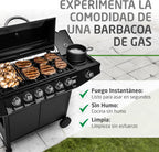 2026 Barbacoa de gas Fireplus 6+1 de 12,9 kW - Acero inoxidable Negro - Parrilla con ruedas Modelo GRILL-6F - Barbacoa XXL con carro y termómetro - 138x52x103 cm - 7 quemadores y Bandeja lateral