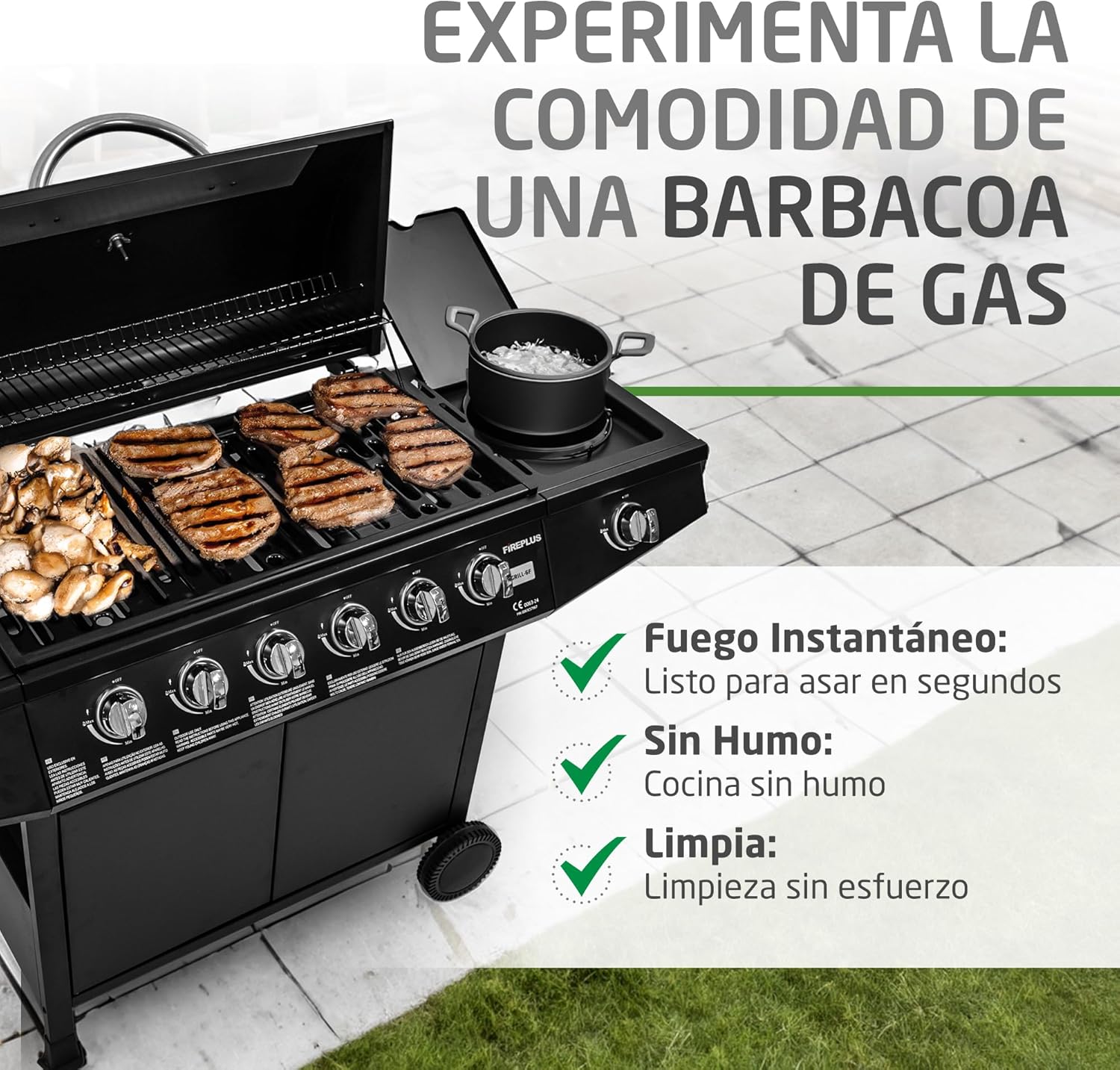 2026 Barbacoa de gas Fireplus 6+1 de 12,9 kW - Acero inoxidable Negro - Parrilla con ruedas Modelo GRILL-6F - Barbacoa XXL con carro y termómetro - 138x52x103 cm - 7 quemadores y Bandeja lateral