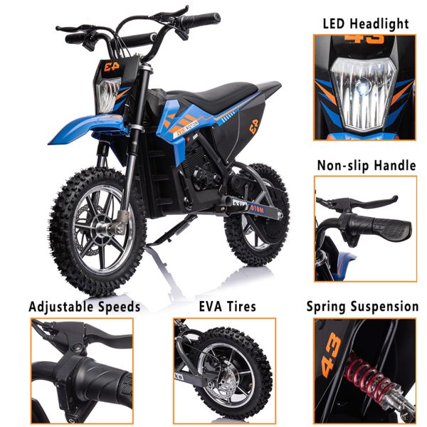2026 Nuevo moto eléctrica de cross para niños 36V 350W 15.5 mph LED capacidad máxima 175 lb color azul