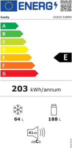 2026 Candy CCG1S 518EW - Frigorífico Combi, Ancho 55cm, Altura 1,80m, 252L, Cajón Verdulero, Control Mecánico de la temperatura, Iluminación LED, Puerta Reversible, 41DB, Blanco